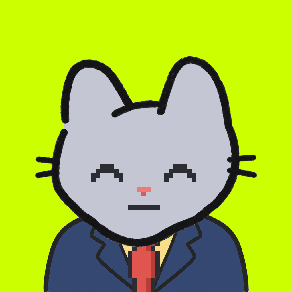 Employee #3073 — a gray cat, in a navy suit, with a red tie, on volt