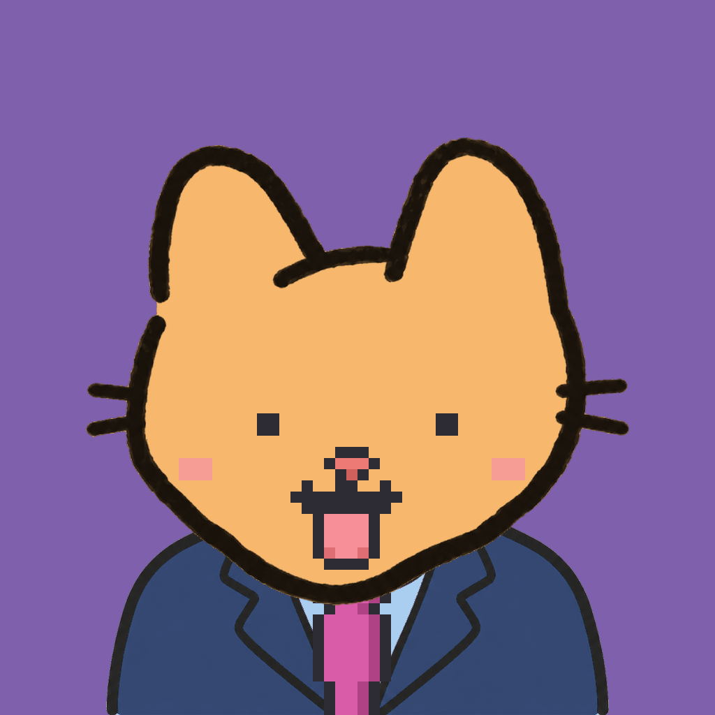 Employee #3074 — a tabby cat, in a navy suit, with a magenta tie, on plasma violet