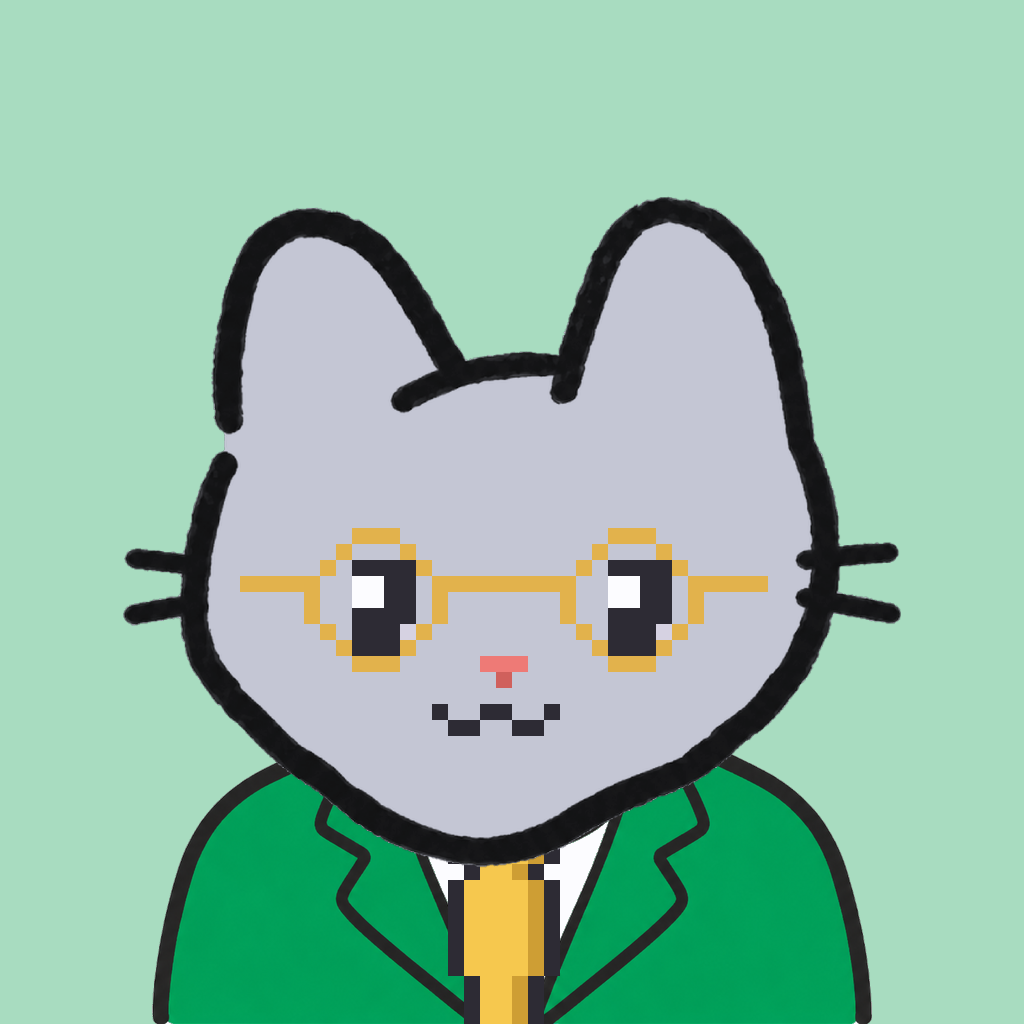 Employee #3075 — a gray cat, in a green suit, with a gold tie, wearing round-gold glasses, on mint
