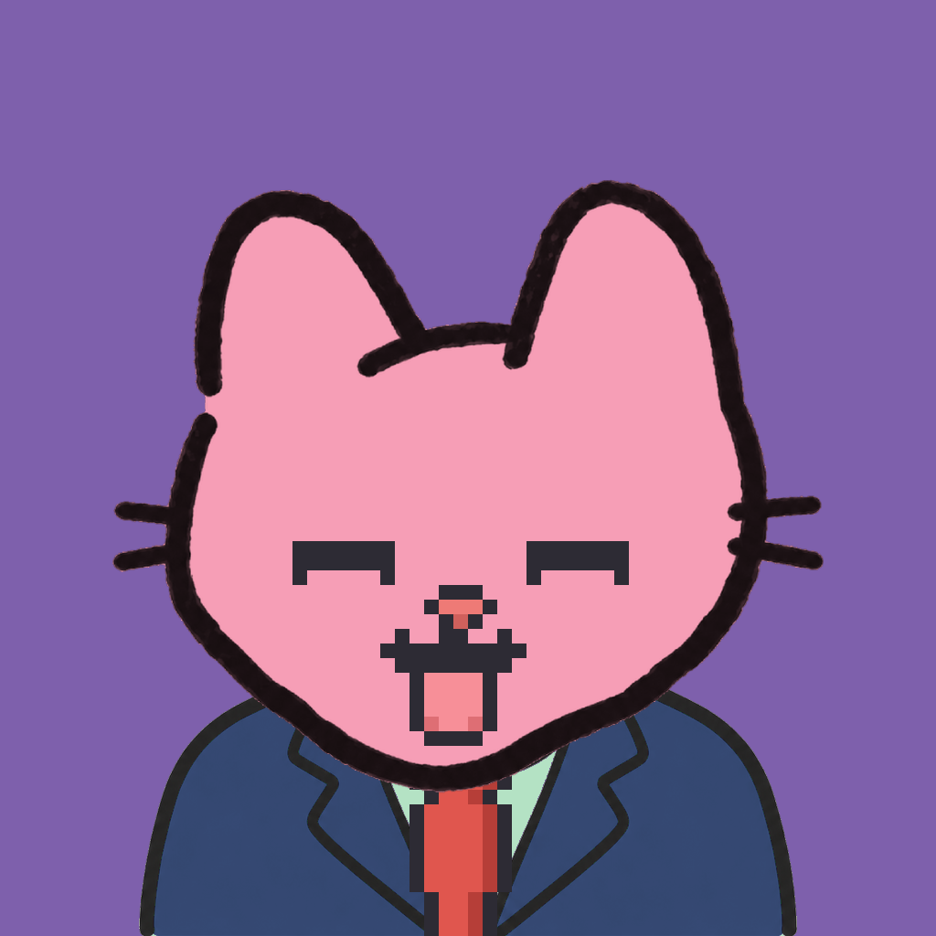 Employee #3076 — a pink cat, in a navy suit, with a red tie, on plasma violet