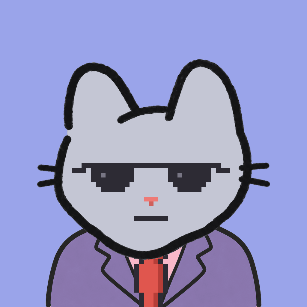 Employee #3077 — a gray cat, in a lavender suit, with a red tie, wearing shades glasses, on periwinkle