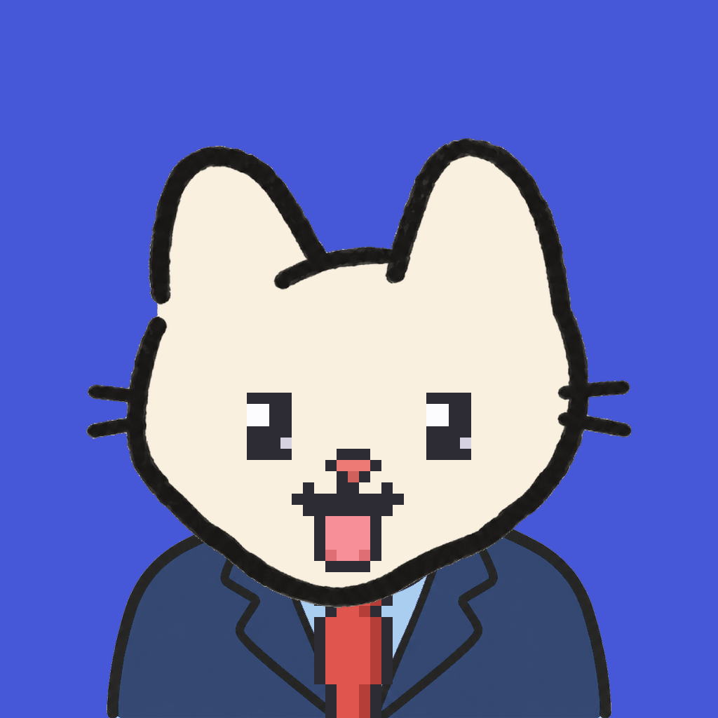 Employee #3078 — a cream cat, in a navy suit, with a red tie, on royal
