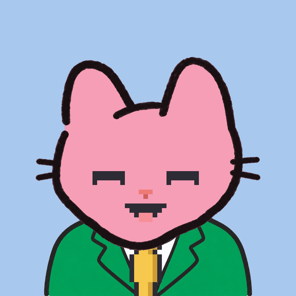 Employee #3079 — a pink cat, in a green suit, with a gold tie, on sky