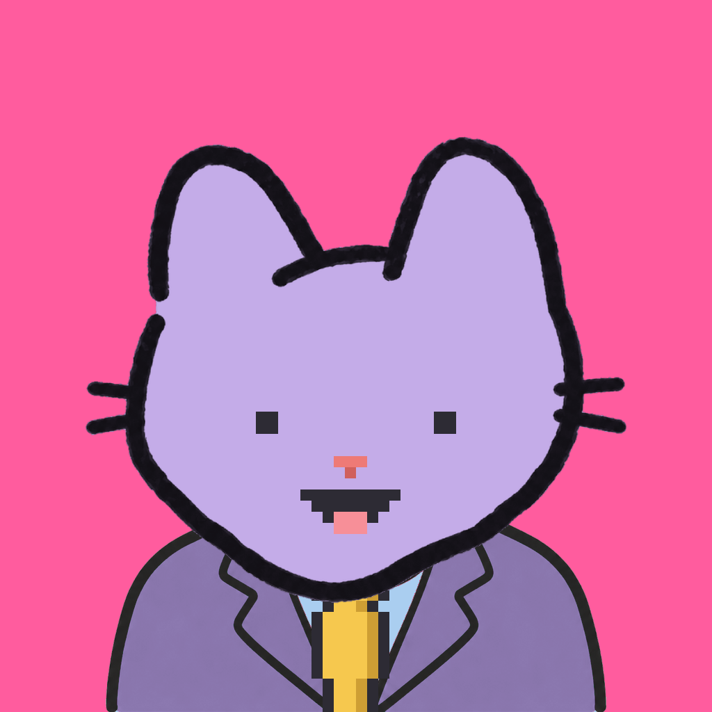 Employee #0308 — a lavender cat, in a lavender suit, with a gold tie, on hot pink