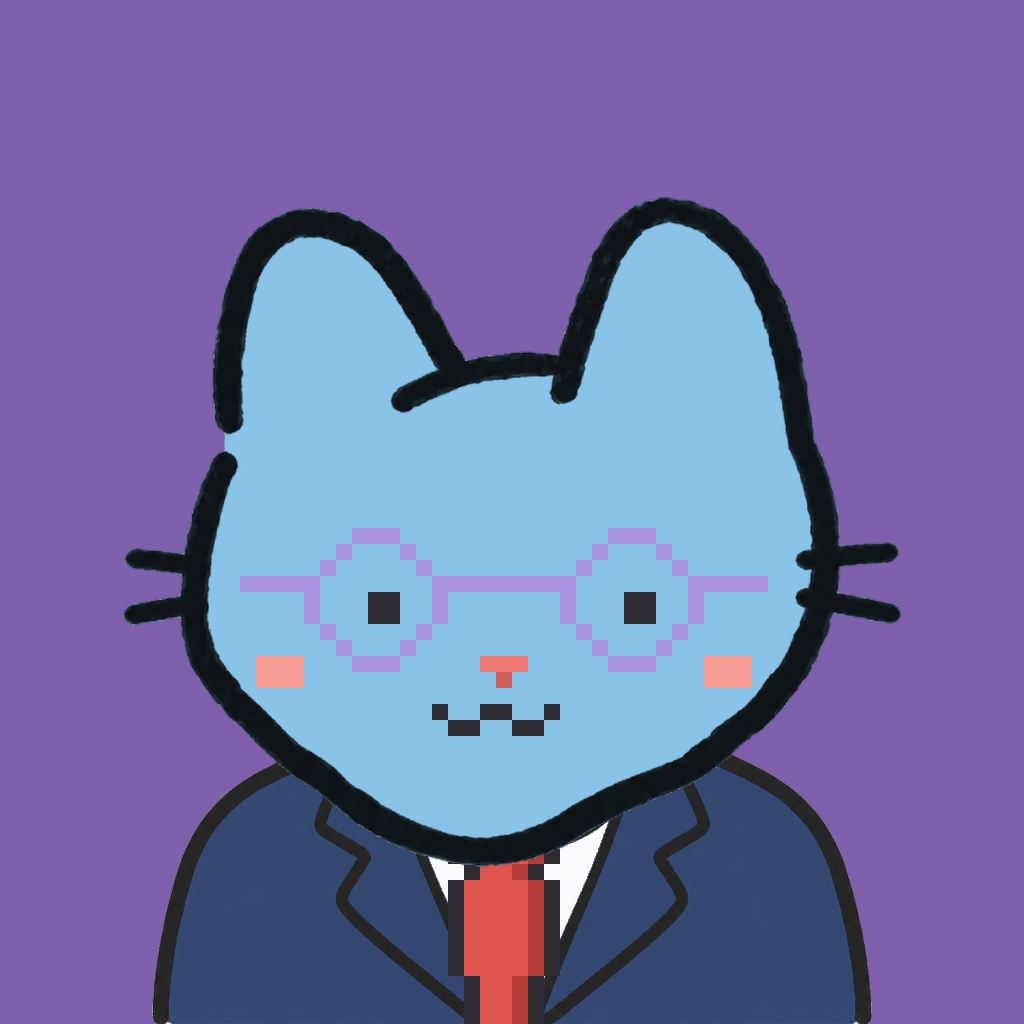 Employee #3080 — a sky cat, in a navy suit, with a red tie, wearing round-lavender glasses, on plasma violet