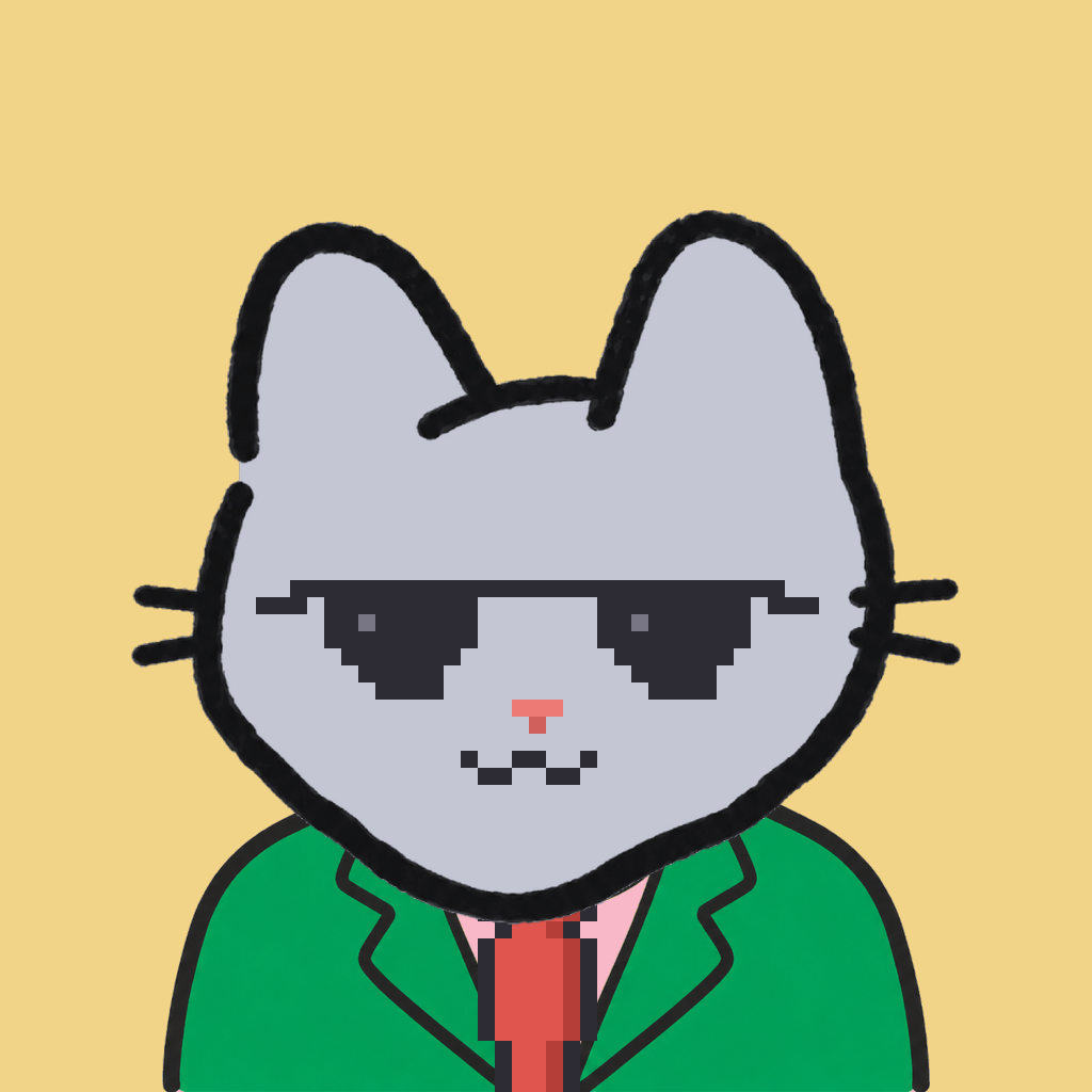 Employee #3081 — a gray cat, in a green suit, with a red tie, wearing shades glasses, on butter