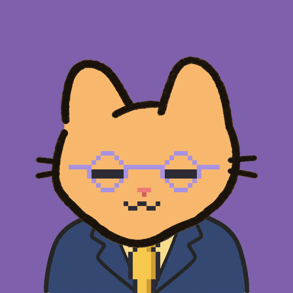 Employee #3082 — a tabby cat, in a navy suit, with a gold tie, wearing round-lavender glasses, on plasma violet