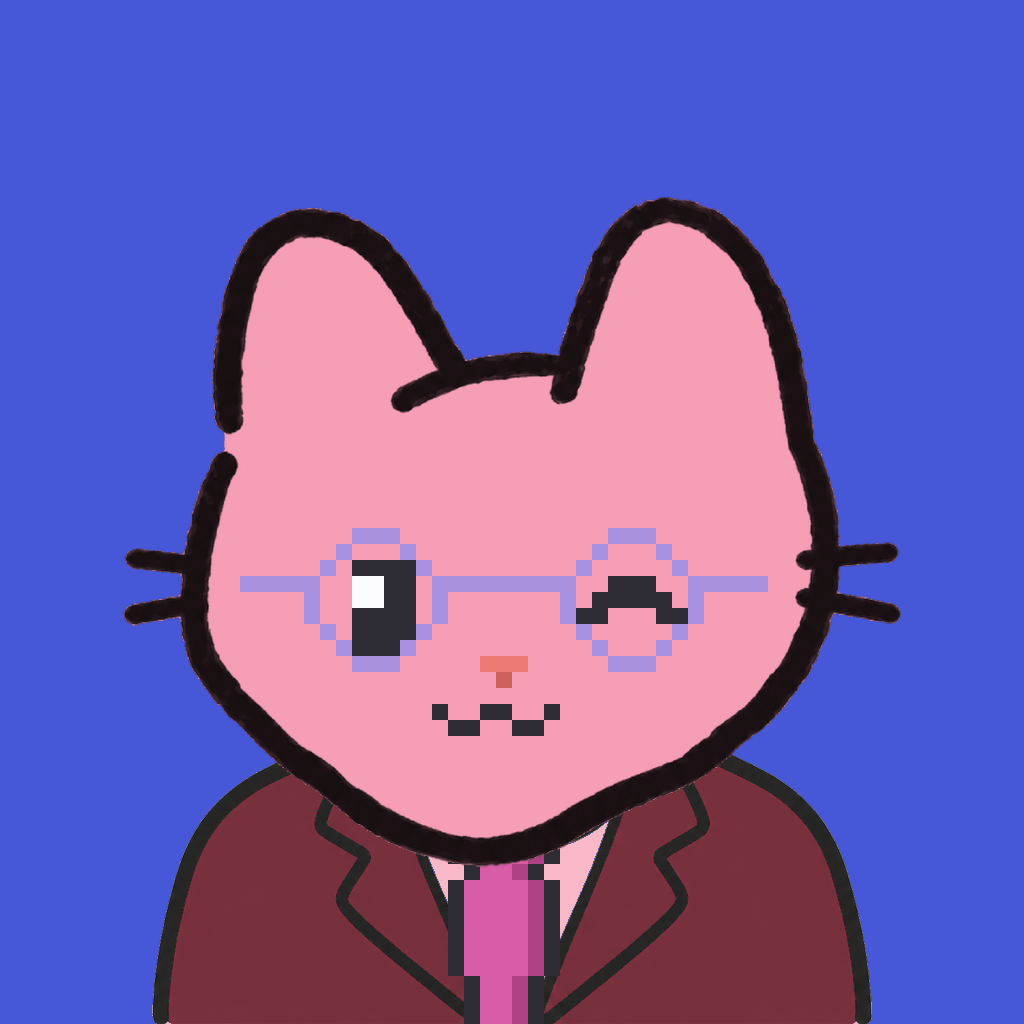 Employee #3083 — a pink cat, in a burgundy suit, with a magenta tie, wearing round-lavender glasses, on royal