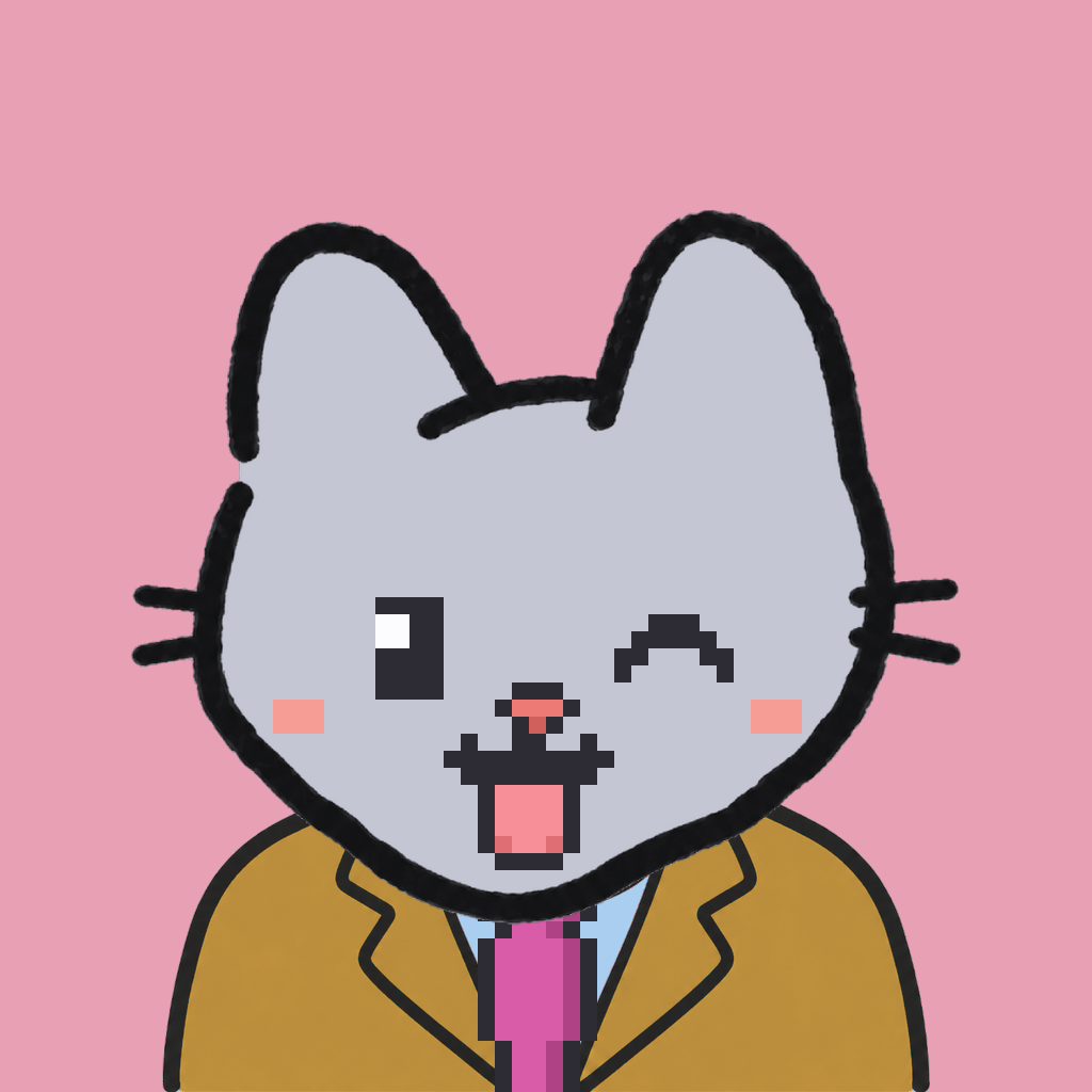 Employee #3084 — a gray cat, in a mustard suit, with a magenta tie, on rose