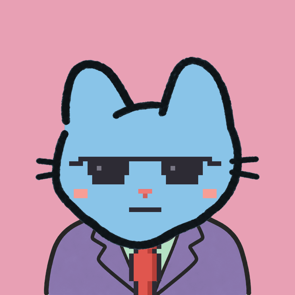 Employee #3085 — a sky cat, in a lavender suit, with a red tie, wearing shades glasses, on rose