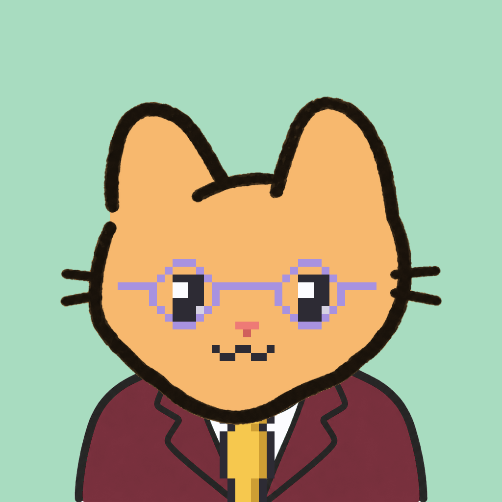 Employee #3086 — a tabby cat, in a burgundy suit, with a gold tie, wearing round-lavender glasses, on mint