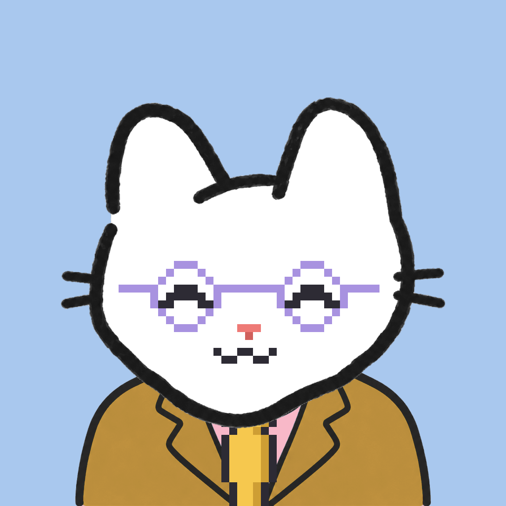 Employee #3087 — a white cat, in a mustard suit, with a gold tie, wearing round-lavender glasses, on sky
