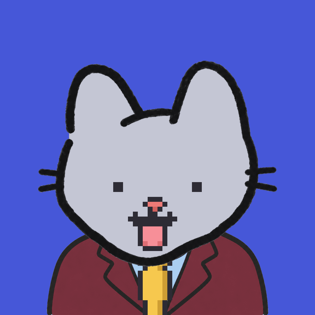 Employee #3088 — a gray cat, in a burgundy suit, with a gold tie, on royal