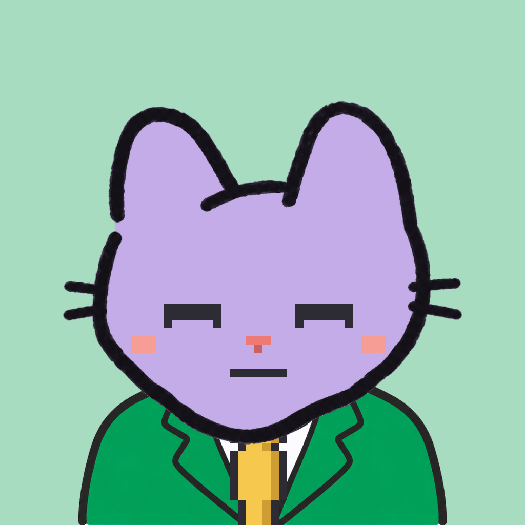 Employee #3089 — a lavender cat, in a green suit, with a gold tie, on mint