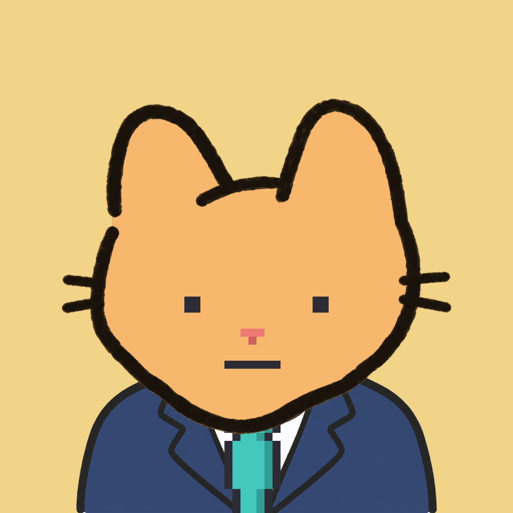 Employee #0309 — a tabby cat, in a navy suit, with a teal tie, on butter