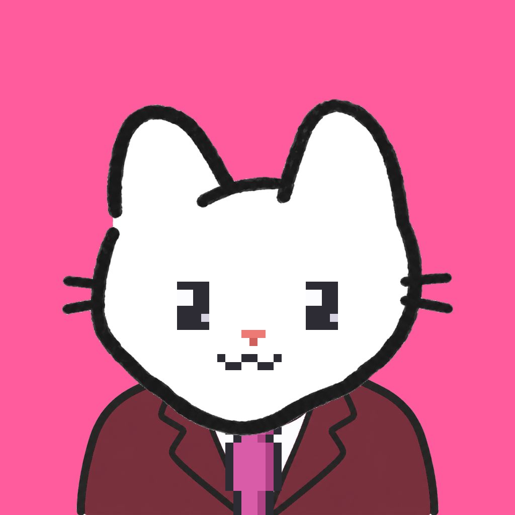 Employee #3090 — a white cat, in a burgundy suit, with a magenta tie, on hot pink