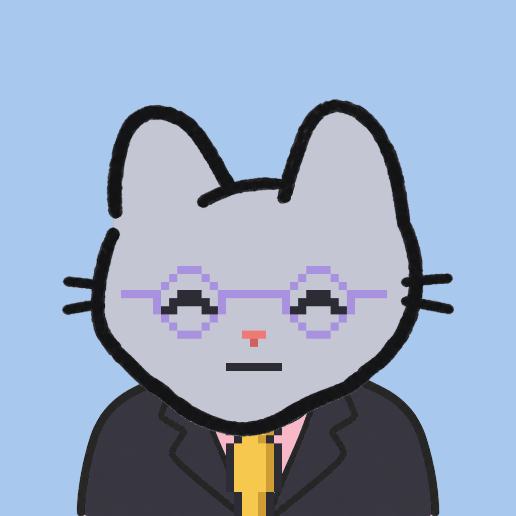Employee #3092 — a gray cat, in a black suit, with a gold tie, wearing round-lavender glasses, on sky