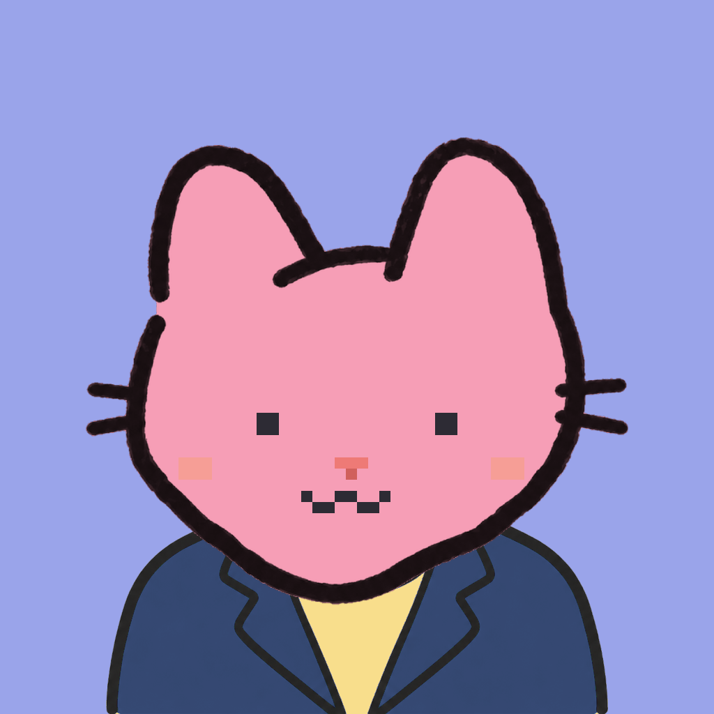 Employee #3093 — a pink cat, in a navy suit, on periwinkle