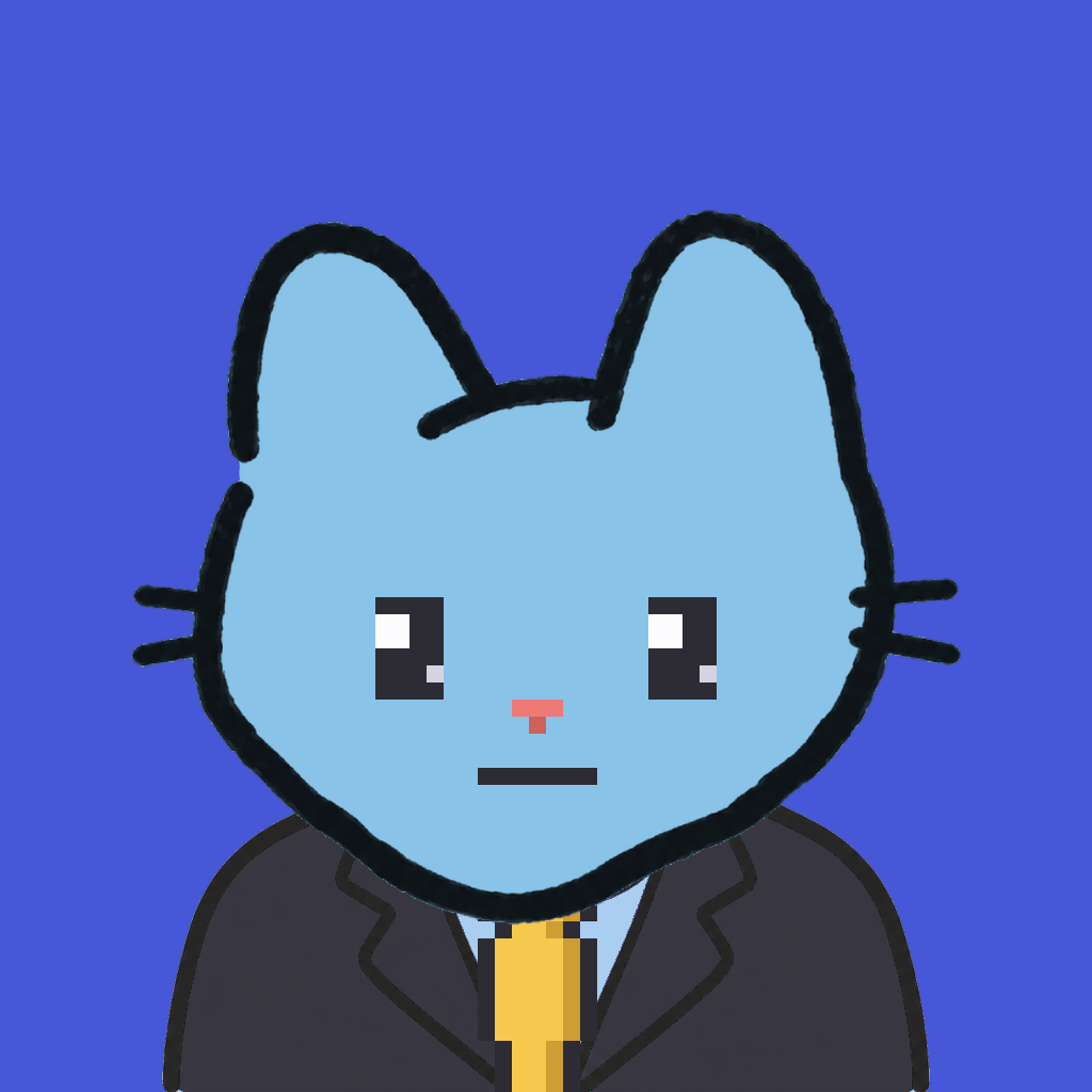 Employee #3094 — a sky cat, in a black suit, with a gold tie, on royal
