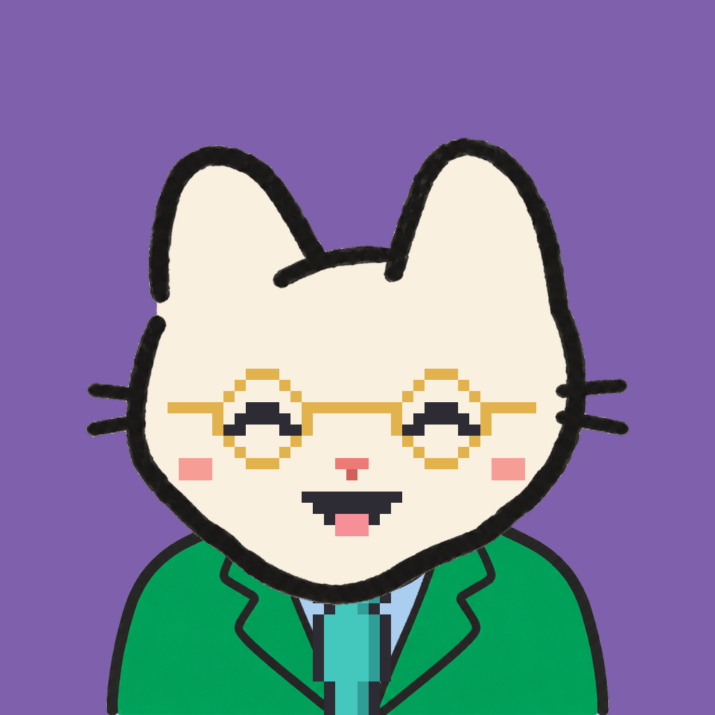 Employee #3095 — a cream cat, in a green suit, with a teal tie, wearing round-gold glasses, on plasma violet