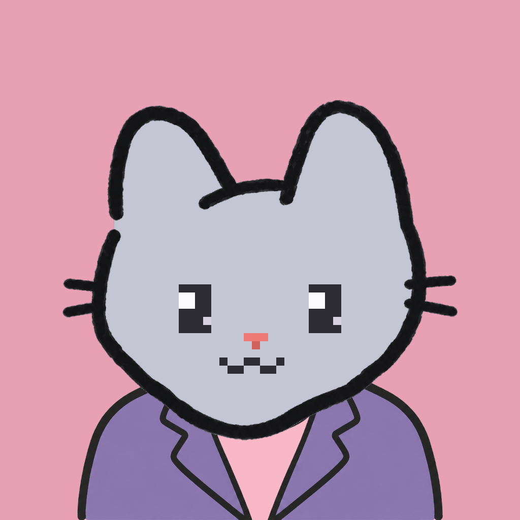 Employee #3096 — a gray cat, in a lavender suit, on rose