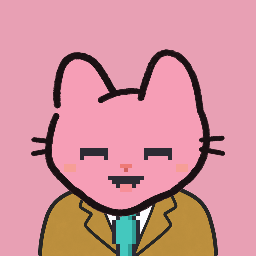 Employee #3097 — a pink cat, in a mustard suit, with a teal tie, on rose
