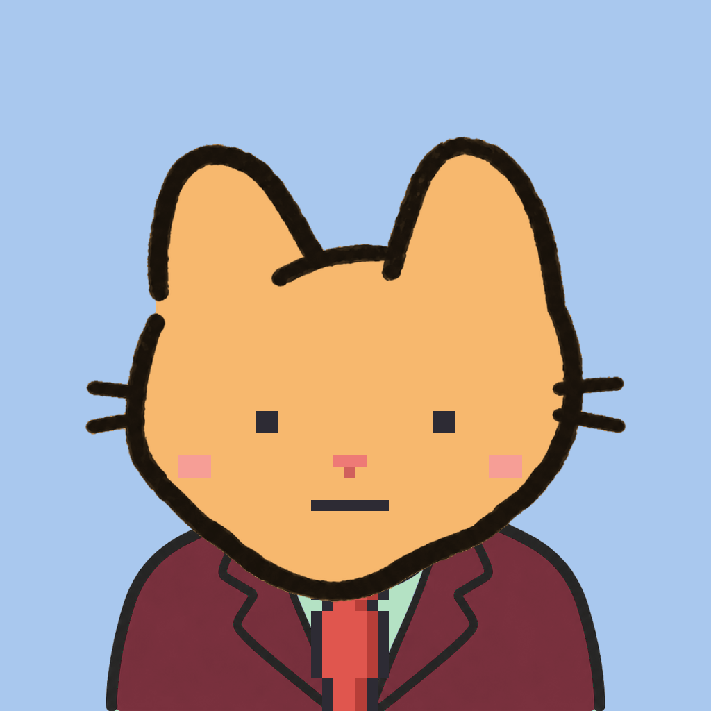 Employee #3098 — a tabby cat, in a burgundy suit, with a red tie, on sky