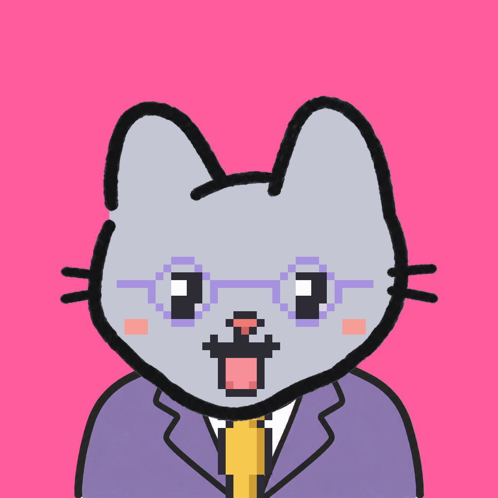 Employee #3099 — a gray cat, in a lavender suit, with a gold tie, wearing round-lavender glasses, on hot pink