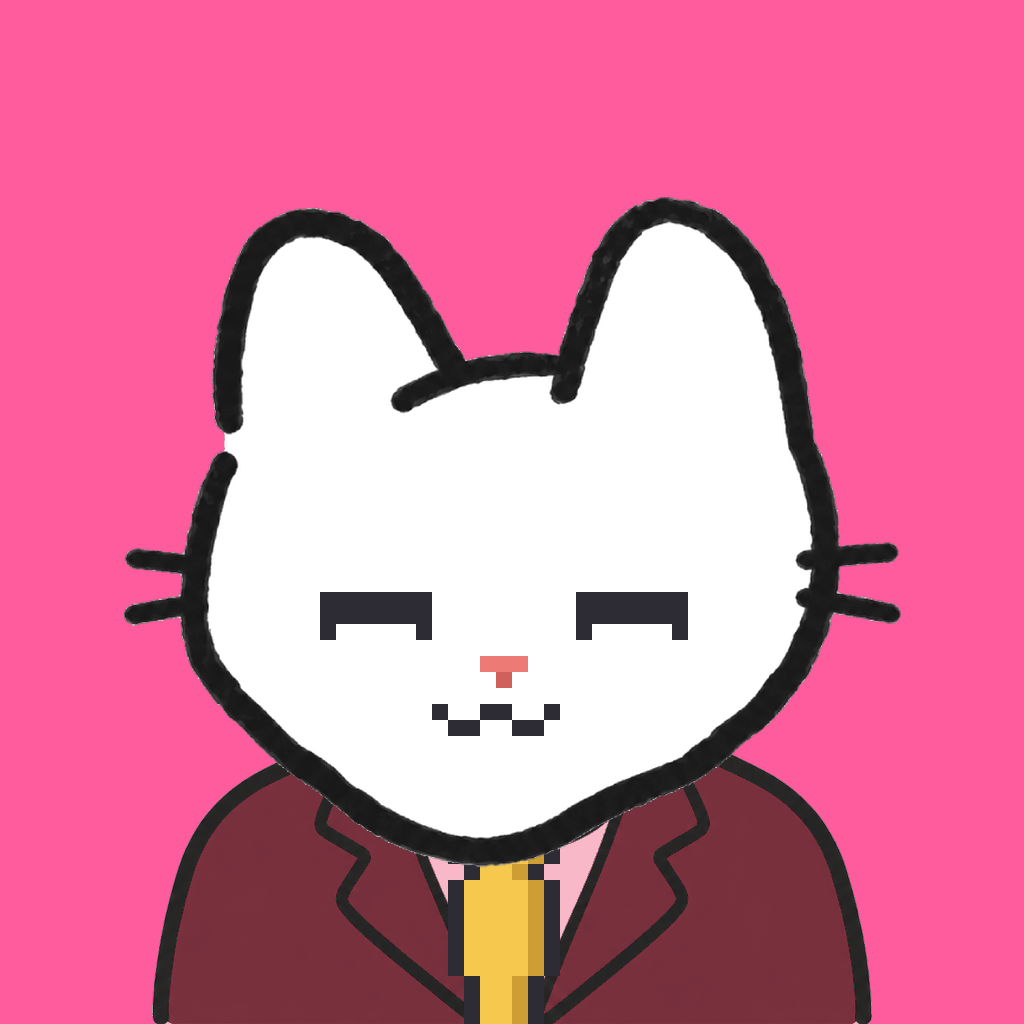 Employee #0031 — a white cat, in a burgundy suit, with a gold tie, on hot pink