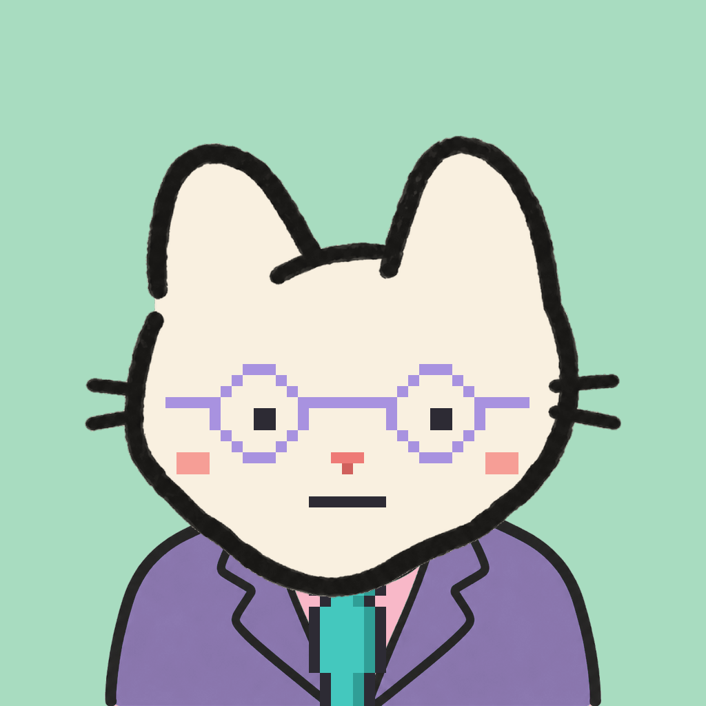 Employee #0310 — a cream cat, in a lavender suit, with a teal tie, wearing round-lavender glasses, on mint