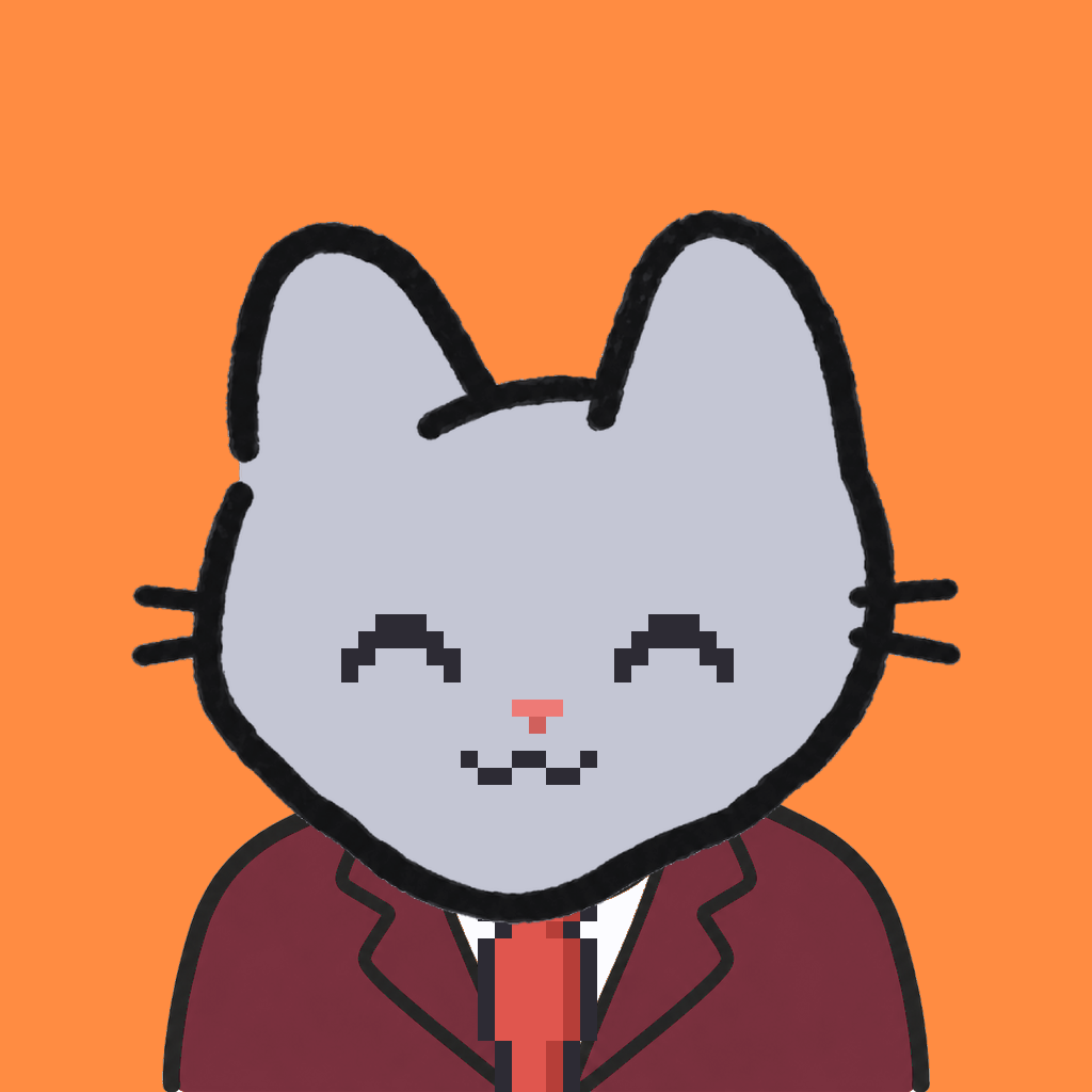 Employee #3100 — a gray cat, in a burgundy suit, with a red tie, on tangerine