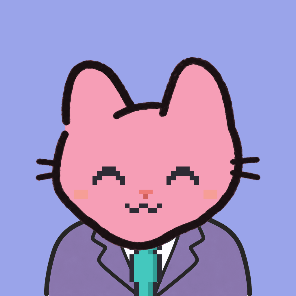 Employee #3101 — a pink cat, in a lavender suit, with a teal tie, on periwinkle