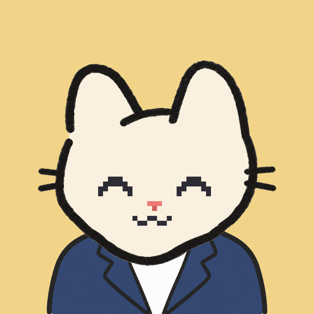 Employee #3102 — a cream cat, in a navy suit, on butter