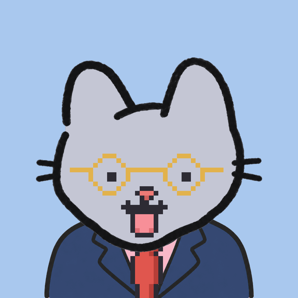 Employee #3103 — a gray cat, in a navy suit, with a red tie, wearing round-gold glasses, on sky