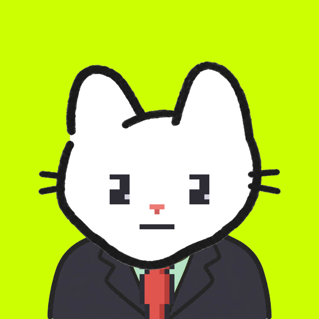 Employee #3104 — a white cat, in a black suit, with a red tie, on volt