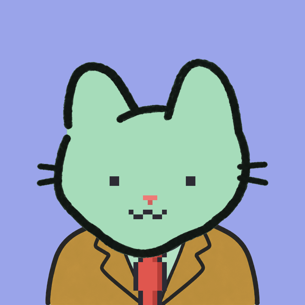 Employee #3105 — a mint cat, in a mustard suit, with a red tie, on periwinkle