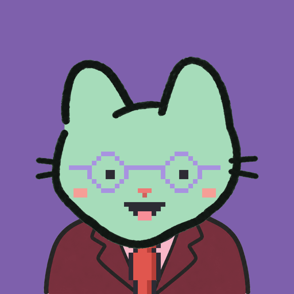 Employee #3106 — a mint cat, in a burgundy suit, with a red tie, wearing round-lavender glasses, on plasma violet