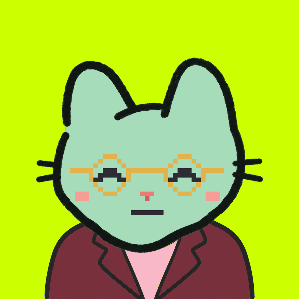Employee #3107 — a mint cat, in a burgundy suit, wearing round-gold glasses, on volt