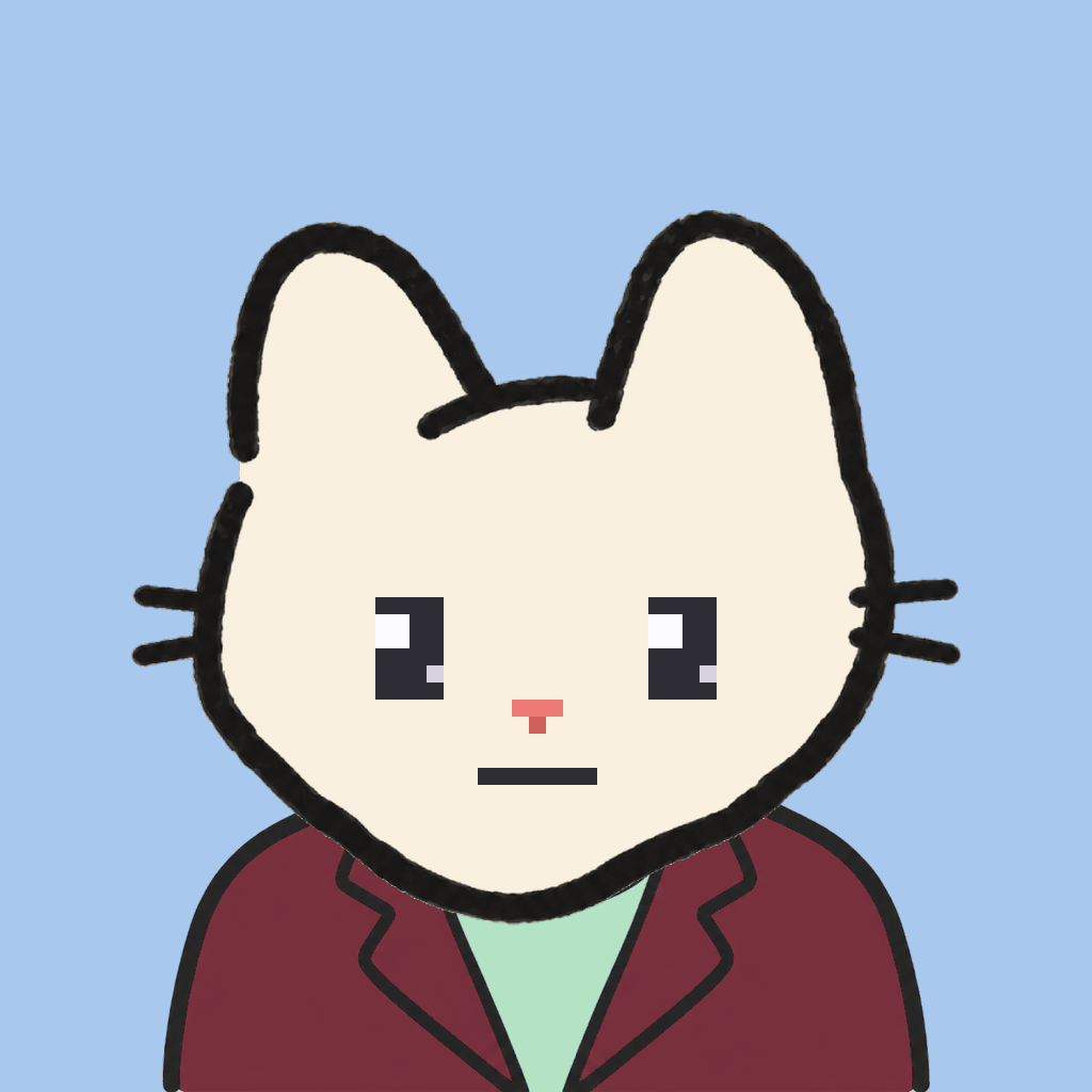Employee #3108 — a cream cat, in a burgundy suit, on sky