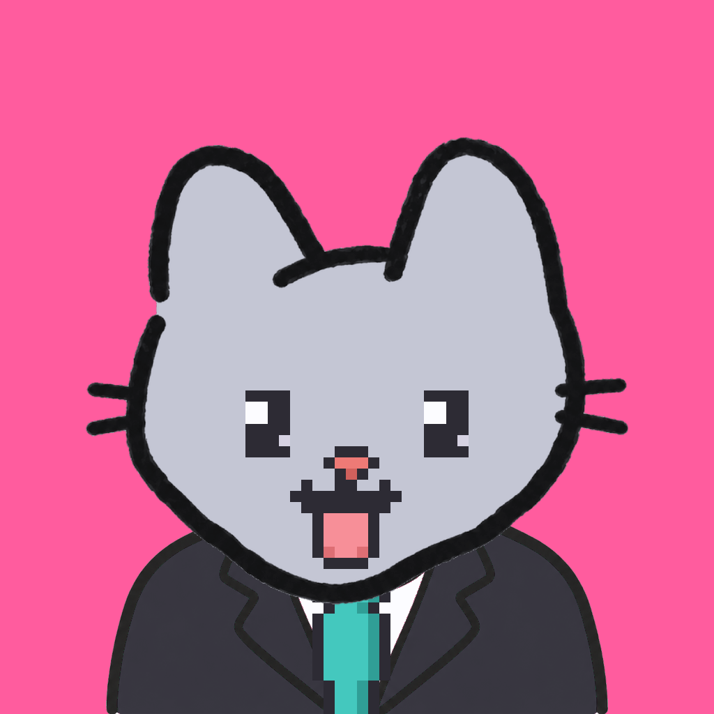 Employee #3109 — a gray cat, in a black suit, with a teal tie, on hot pink