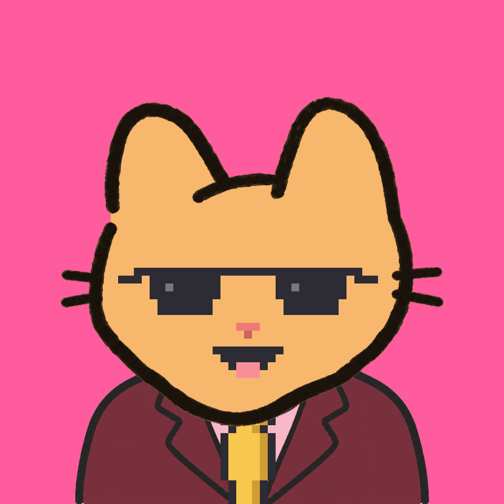 Employee #0311 — a tabby cat, in a burgundy suit, with a gold tie, wearing shades glasses, on hot pink