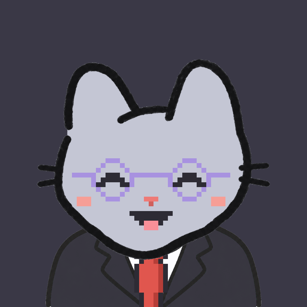 Employee #3110 — a gray cat, in a black suit, with a red tie, wearing round-lavender glasses, on charcoal