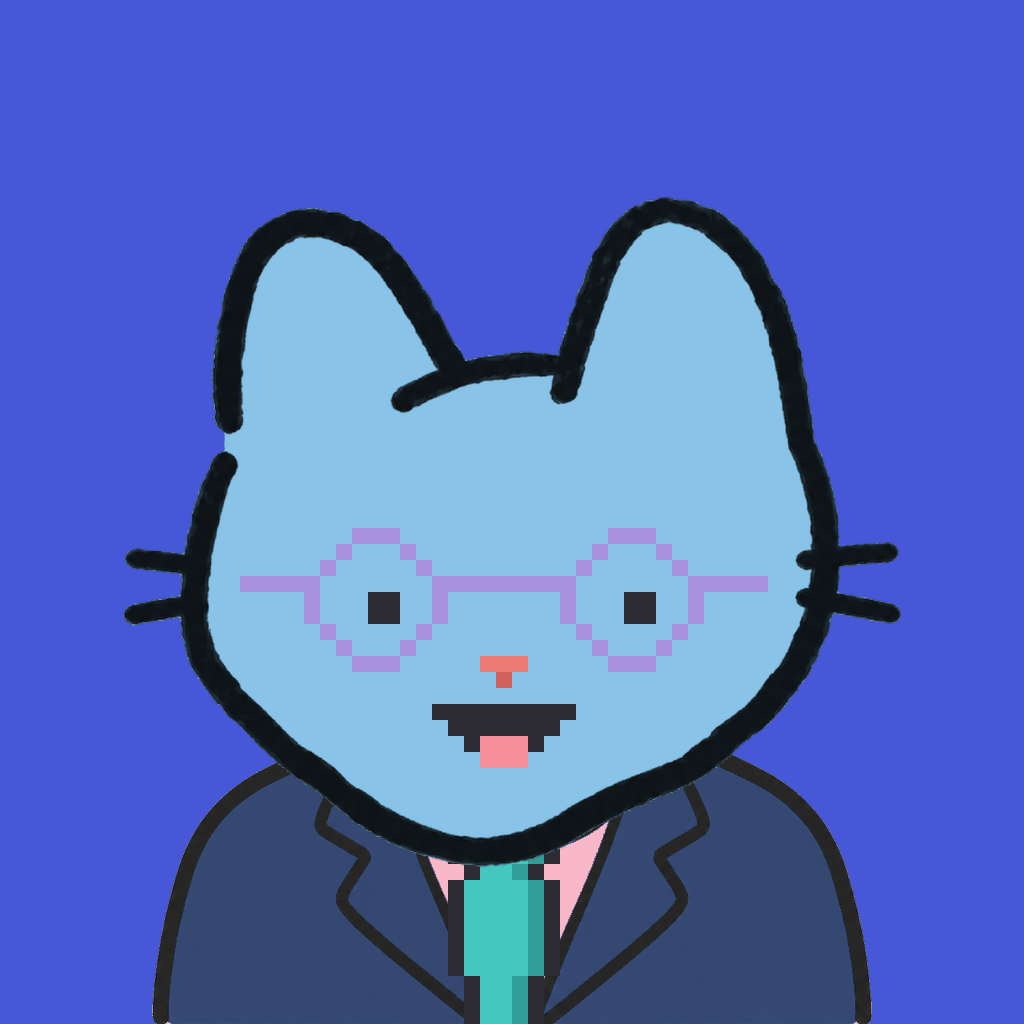 Employee #3111 — a sky cat, in a navy suit, with a teal tie, wearing round-lavender glasses, on royal