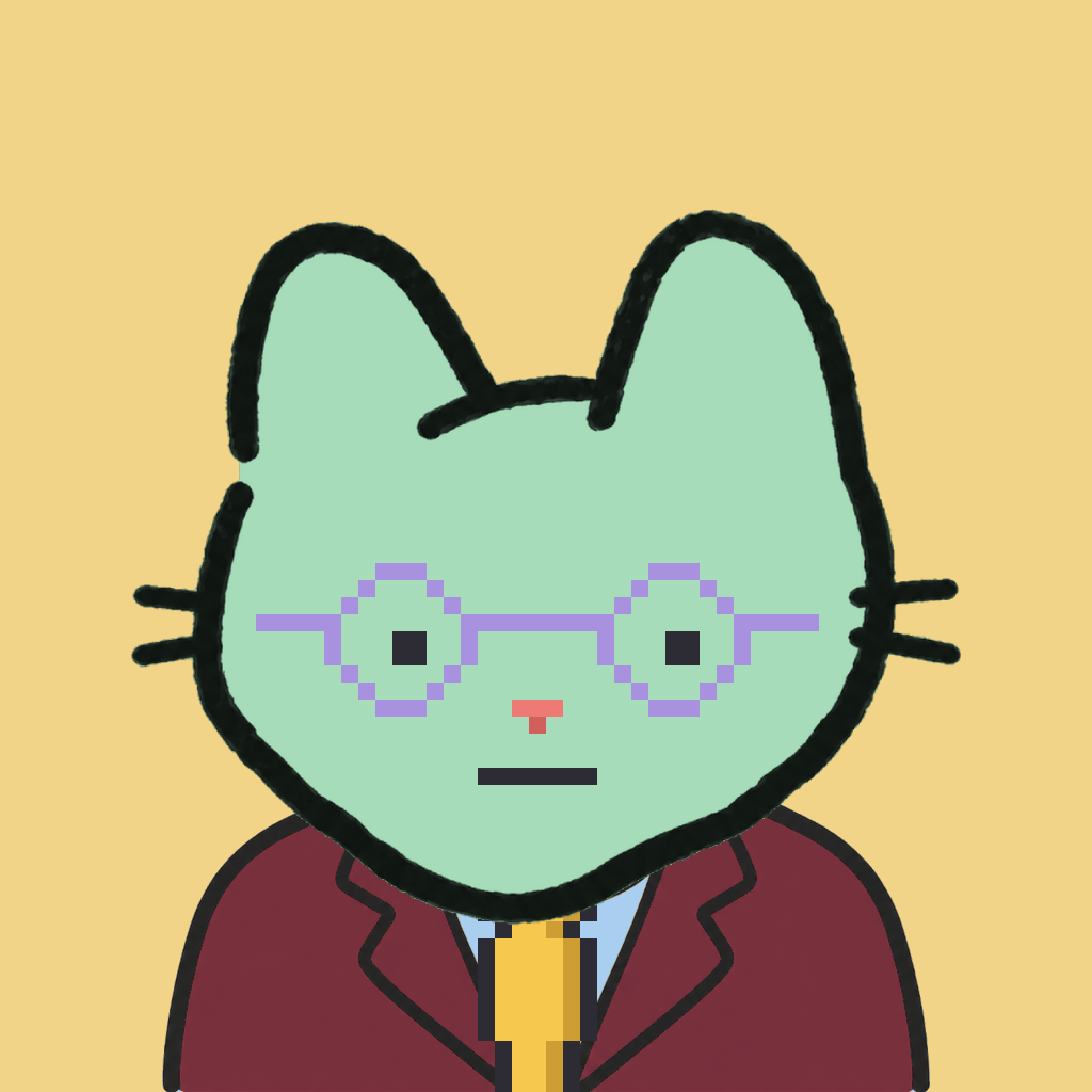 Employee #3112 — a mint cat, in a burgundy suit, with a gold tie, wearing round-lavender glasses, on butter