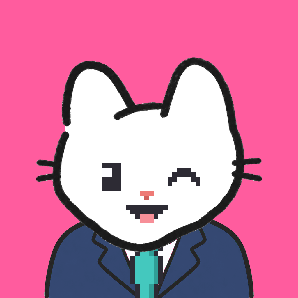 Employee #3113 — a white cat, in a navy suit, with a teal tie, on hot pink