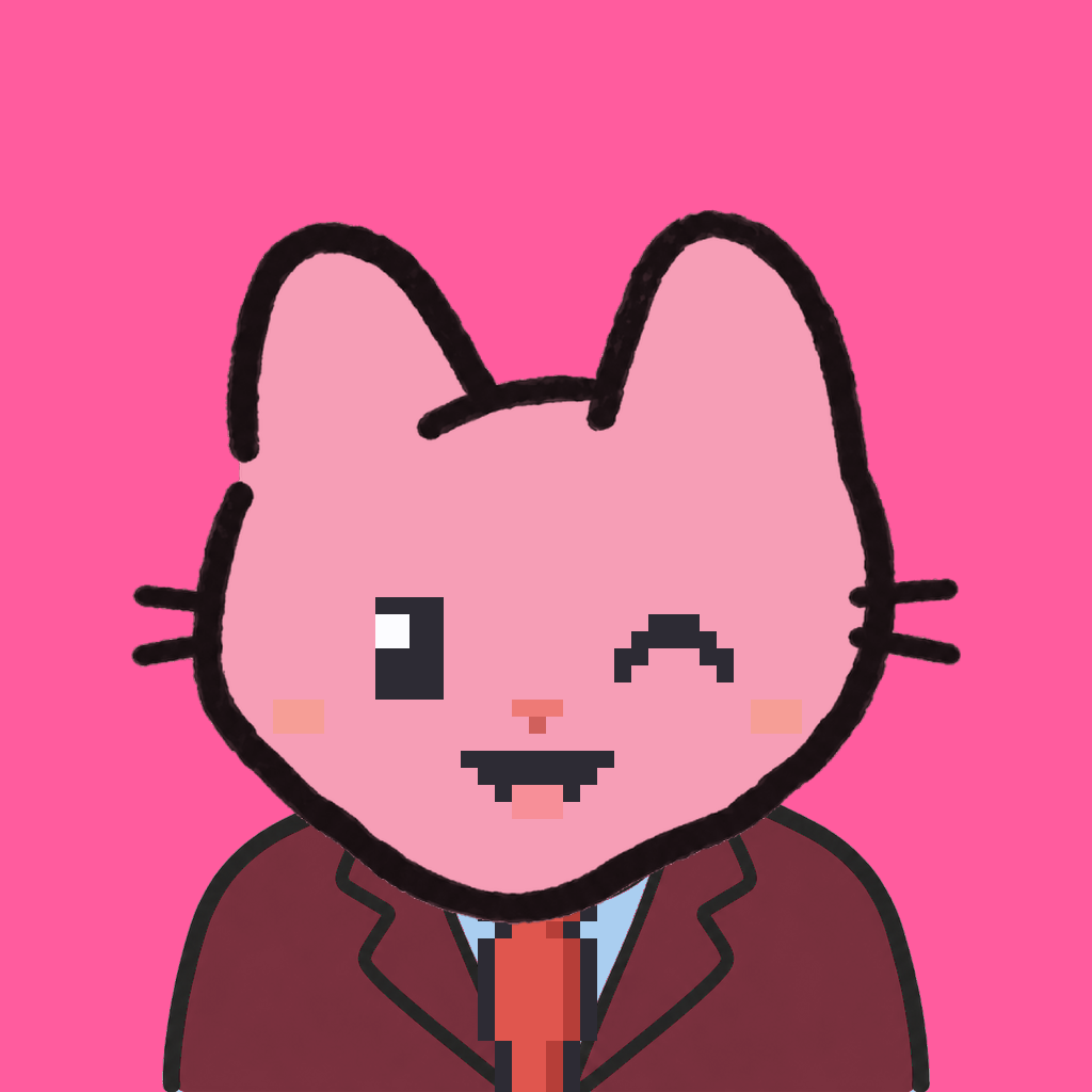 Employee #3114 — a pink cat, in a burgundy suit, with a red tie, on hot pink