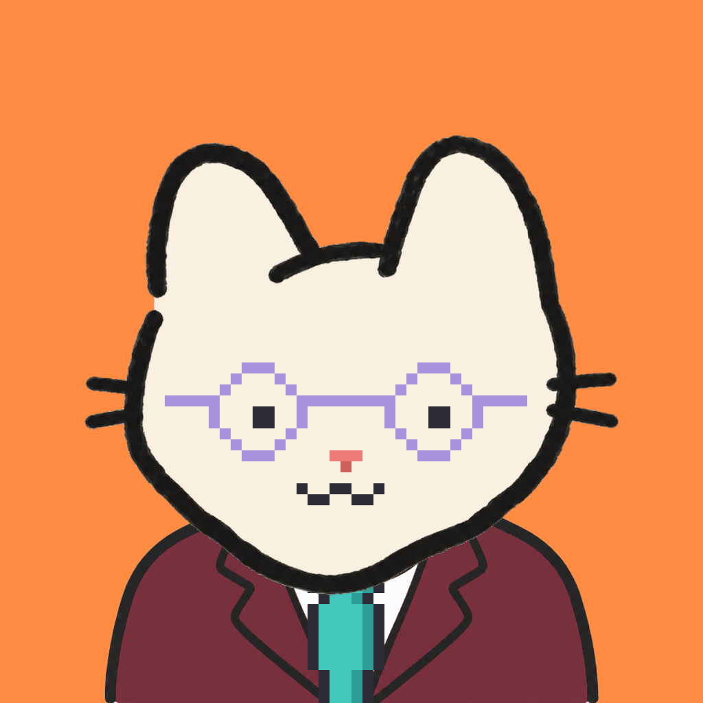 Employee #3115 — a cream cat, in a burgundy suit, with a teal tie, wearing round-lavender glasses, on tangerine
