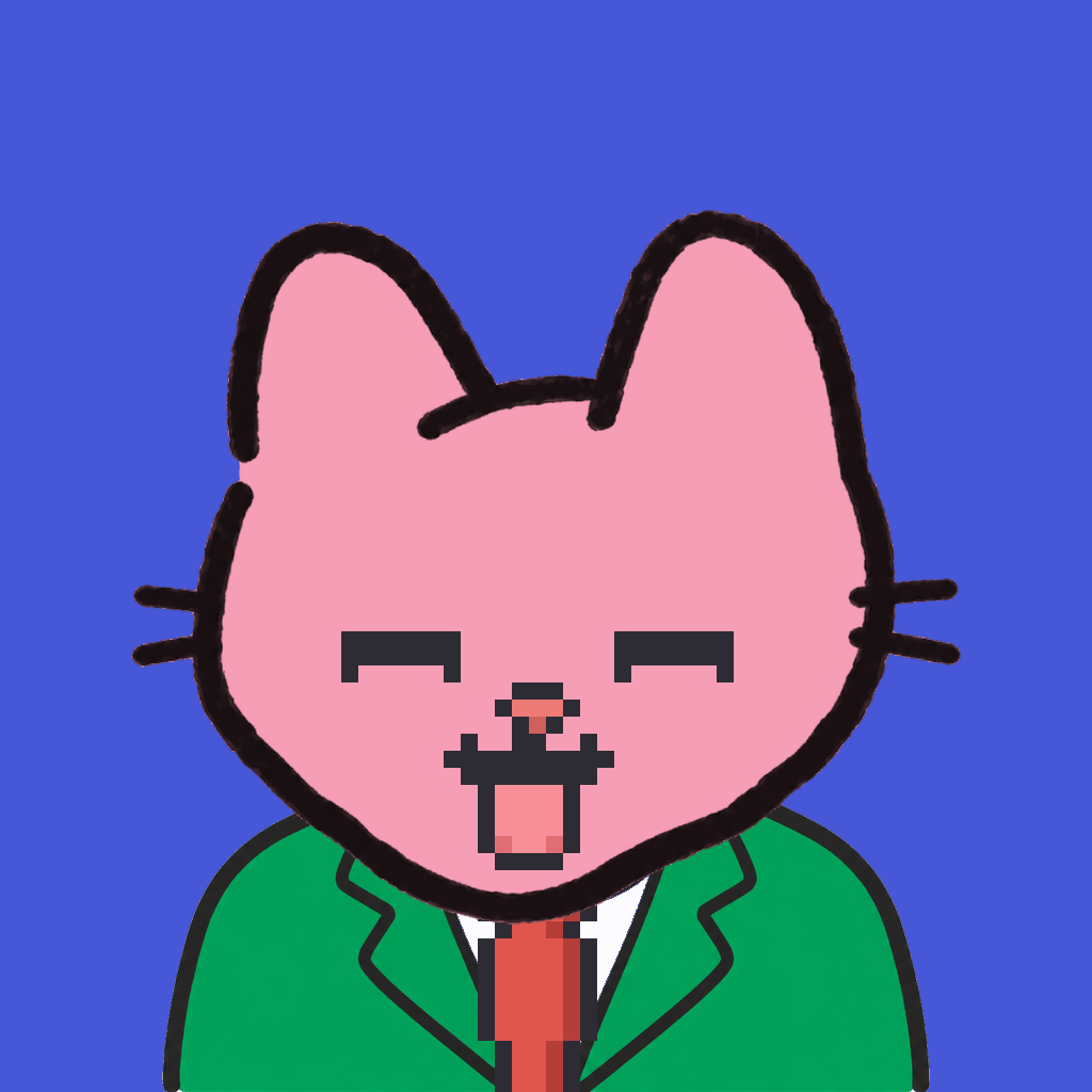 Employee #3116 — a pink cat, in a green suit, with a red tie, on royal