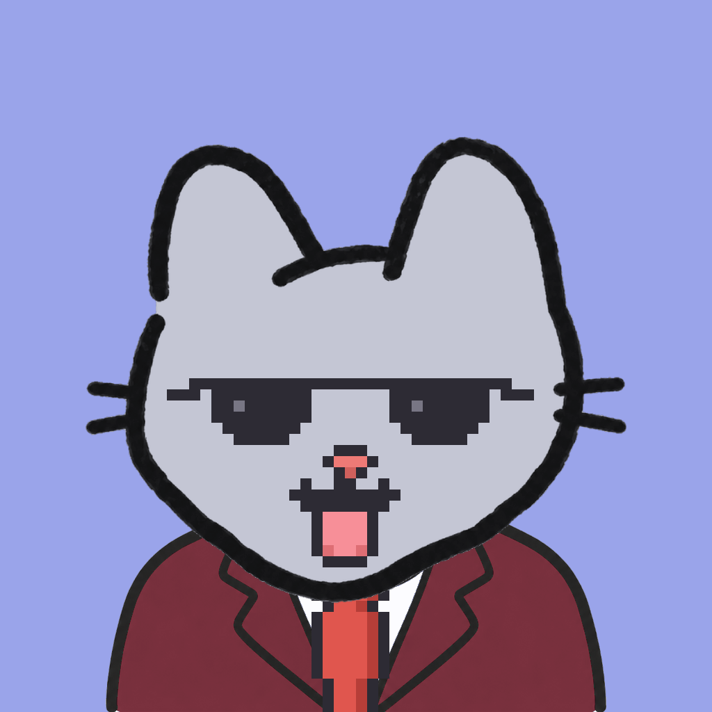 Employee #3117 — a gray cat, in a burgundy suit, with a red tie, wearing shades glasses, on periwinkle