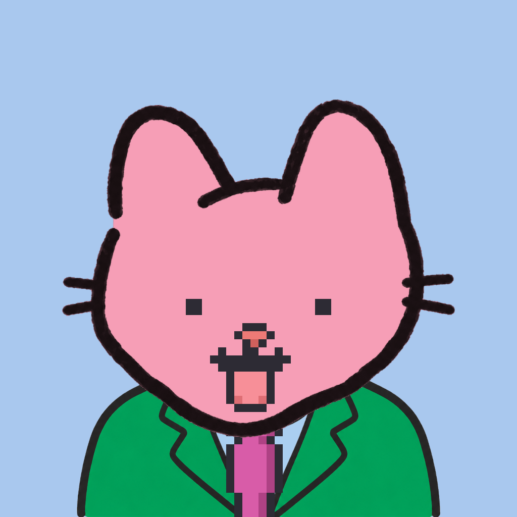 Employee #3119 — a pink cat, in a green suit, with a magenta tie, on sky